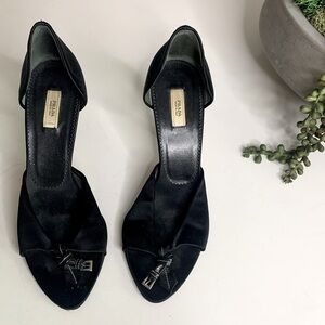 Vintage PRADA Italy black satin belt knot open toe Stiletto heels shoe 6.5 size